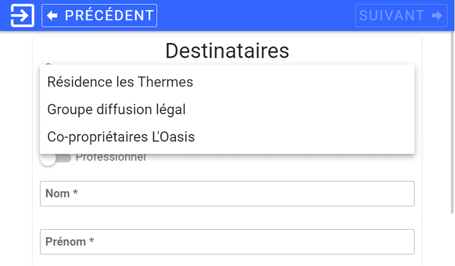 Ecran de configuration My Digital Registered Letter destinataires