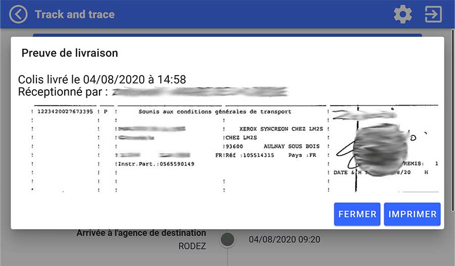 Ecran de configuration Track & Trace Preuve de livraison